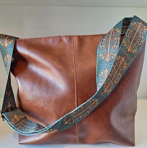 Women’s Brown Vegan Leather Tote Bag with Patterned Blue Strap